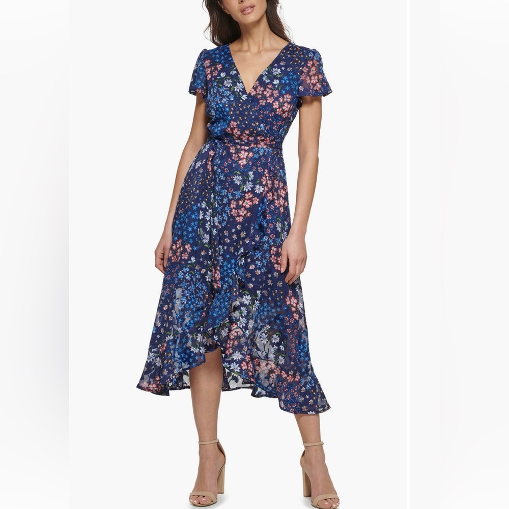 Kensie Textured Chiffon Faux Wrapped Dress